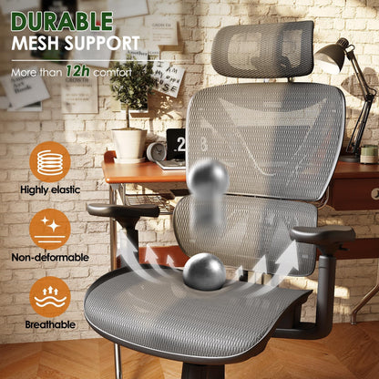 Ergonomic Office Chair, Big and Tall Mesh Chair with Lumbar Support, 3D Armrest - 215° Rotation, Adjustable Headrest & Soft Seat, Durable Desk Chair 350LBS for Work Gaming Computer,Grey