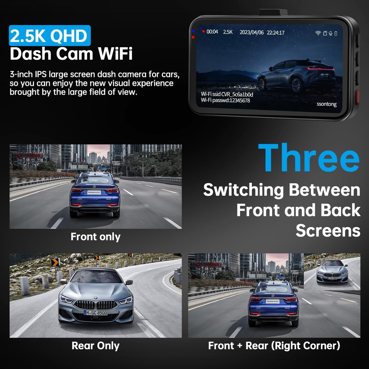 Dash Cam Front and Rear, Dash Camera for Cars Wifi/App Control Dual Dashcam W/ 64GB Card, 2.5K Dash Cam Front+1080P Rear Car Camera W/Super Night Vision, Loop Recording, G-Sensor, Max Support 256GB